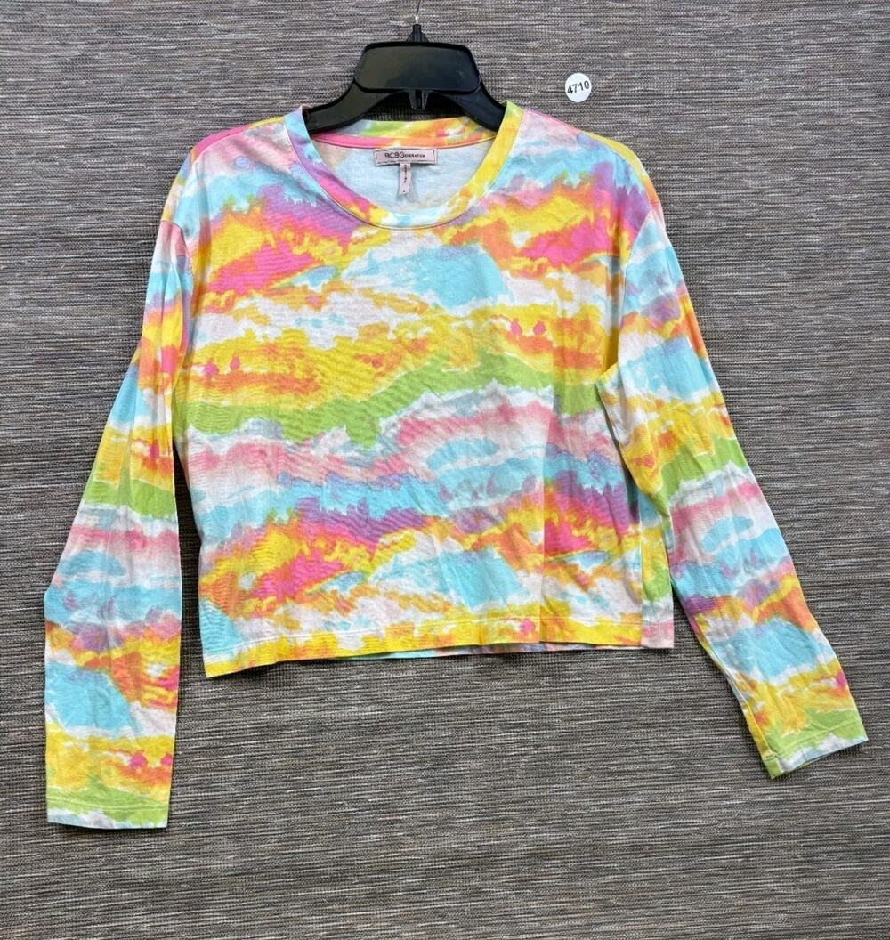 BCBGeneration Top Womens Size M Tie Dye Pink Green Yellow Long Sleeve Cropped